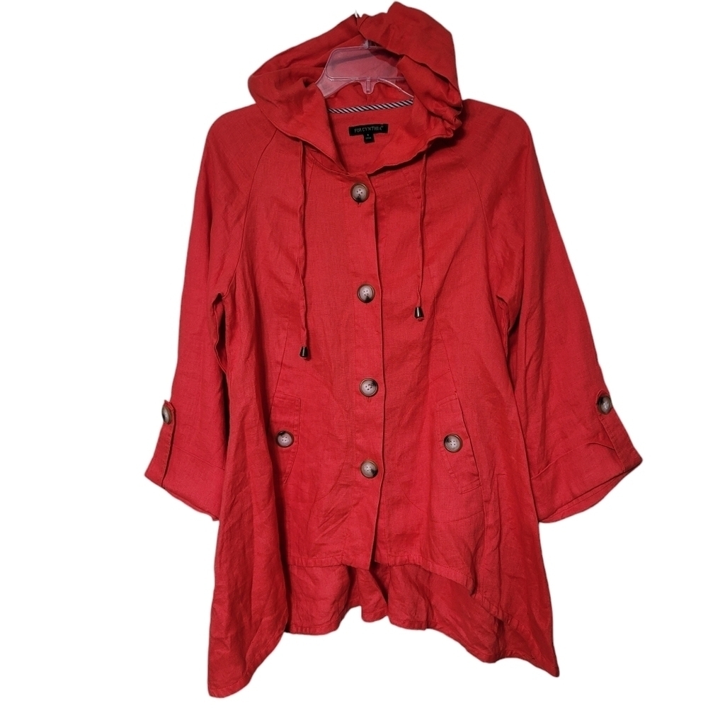 For Cynthia Red Linen Lagenlook Boho Drawstring Hooded Button Down Jacket Size S